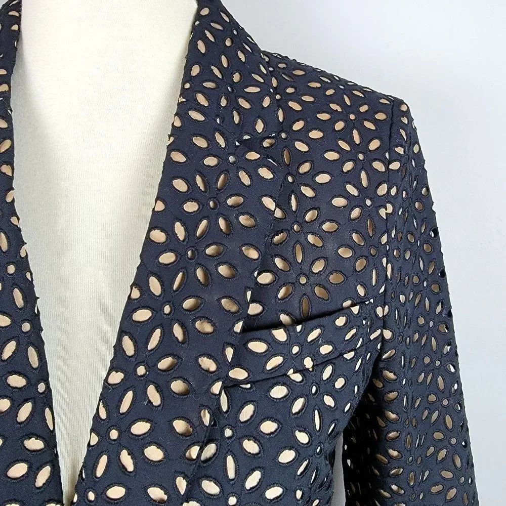 Michael Kors Made In Italy Black Caramel Cotton Silk Embroidered Cutout Blazer 6